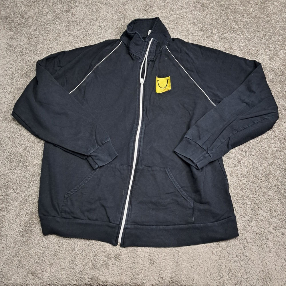 American Apparel Mens‎ 2XL California Fleece Zip Track Jacket Black Smiley Patch